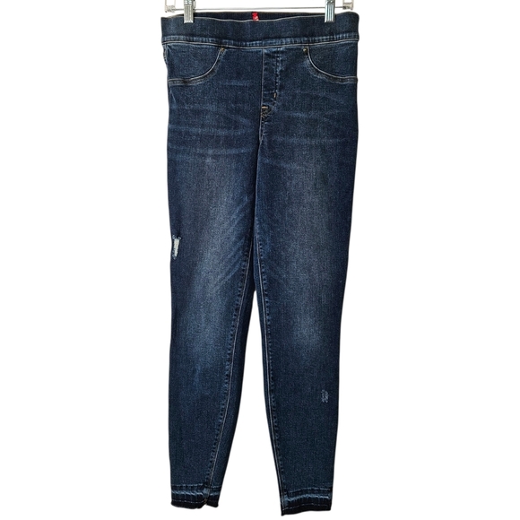 SPANX Distressed Ankle Skinny Pull On High Rise Jeans Raw Hem Size M - Picture 2 of 10